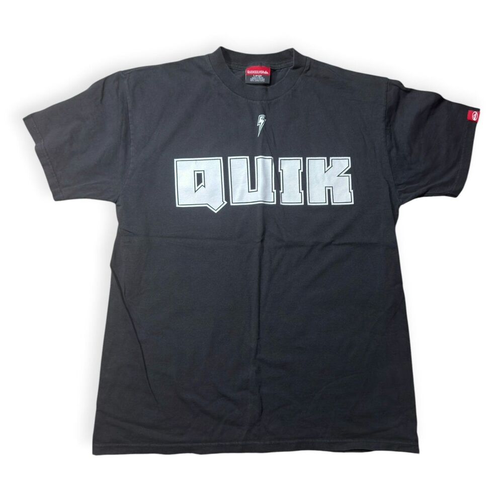 Quiksilver Black T-Shirt Size Large Logo QUIK Shirt 100% Cotton Skater Rare VTG